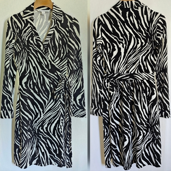 Diane Von Furstenberg Black & White Long Sleeve Animal Print Midi Wrap Dress - Picture 7 of 16